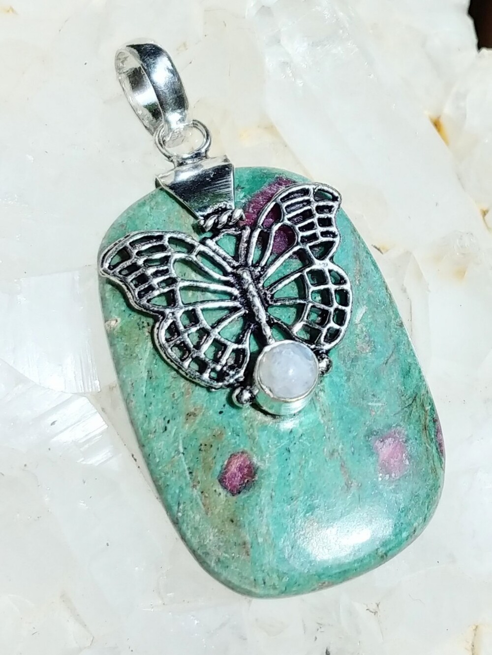 NWOT Natural Ruby Zoisite & Rainbow Moonstone Butterfly Pendant Sterling Plate